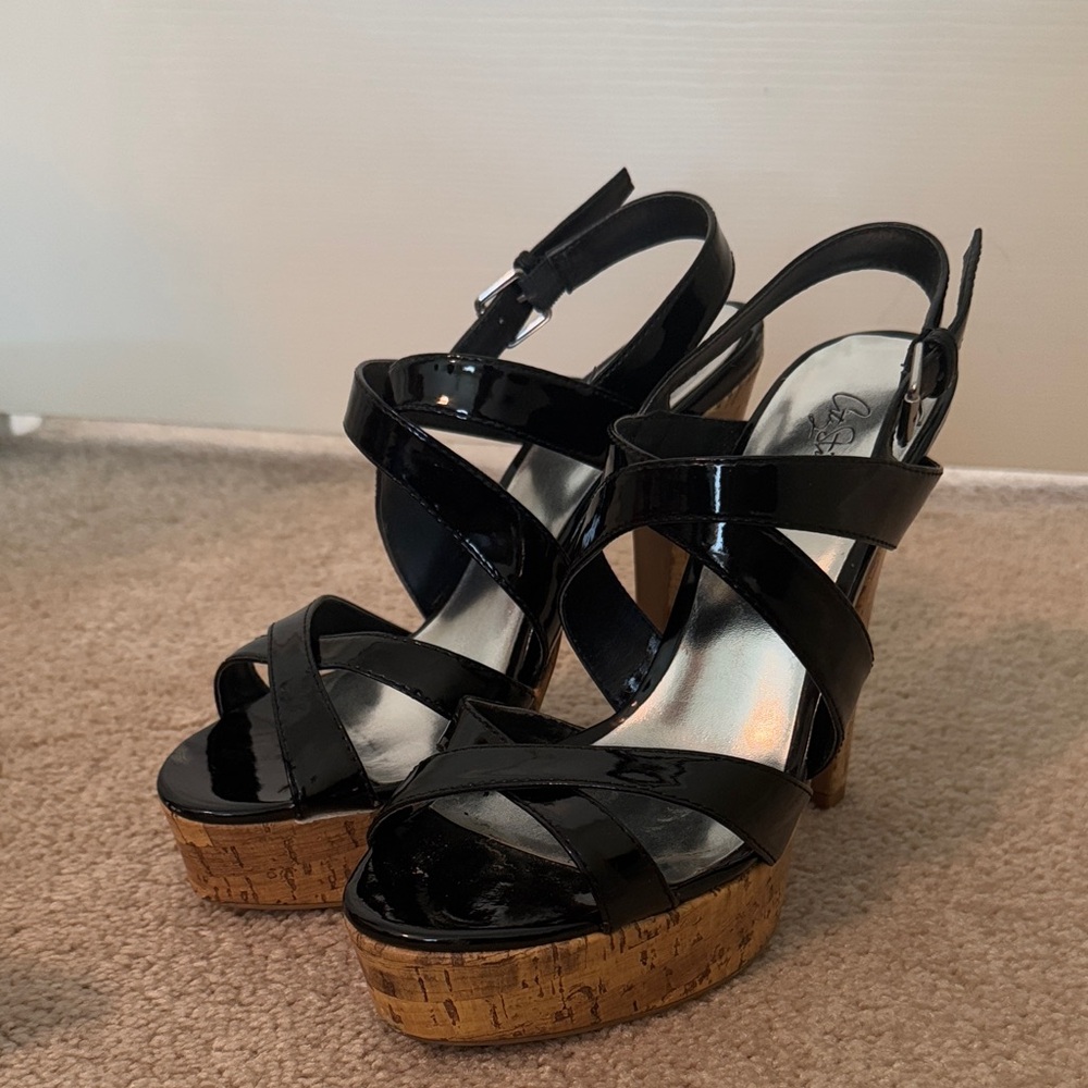 City Streets Black Patent Wedge Sandals